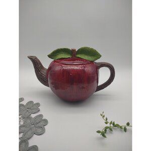 Vintage 1990s Ceramic Red Apple Teapot, Leaves Lid, Tree Trunk Spout Handle